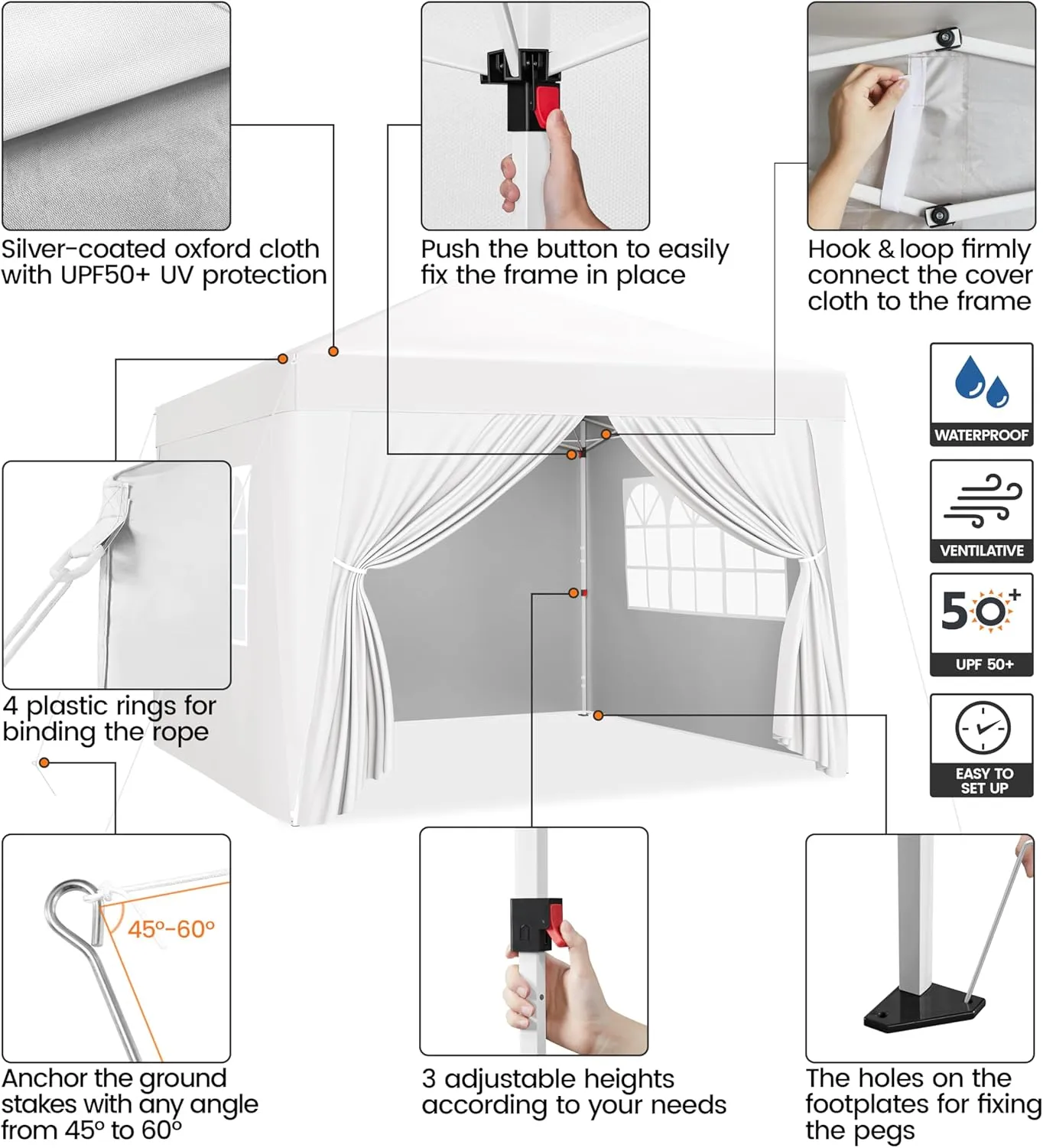 Yaheetech 10x10 Pop Up Canopy with 4 Removable Sidewalls, Portable Enclosed Instant Tent, Waterproof Outdoor Tent, Beach Sun Shelter with 4 Sandbags, 12 Stakes & 4 Ropes, White
