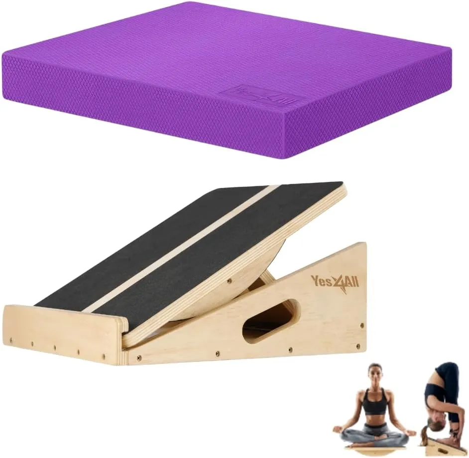 Yes4All Wood Slant board & Balance board (2in1)   Balance Pad XL Purple Physical Therapy, Yoga & Stability Training Balance Mat