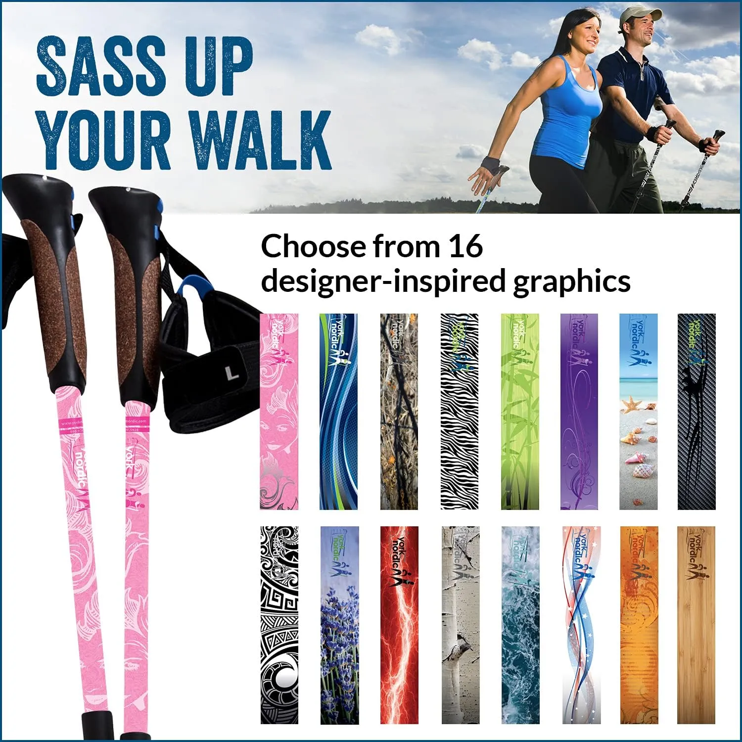 York Nordic Hiking & Walking Poles - Cushion Foam Grips w/Nordic Strap - Lightweight, Adjustable, and Great for Balance -2 Pieces w/Flip Locks, and Travel Bag - Heights 5'4"-6'2"