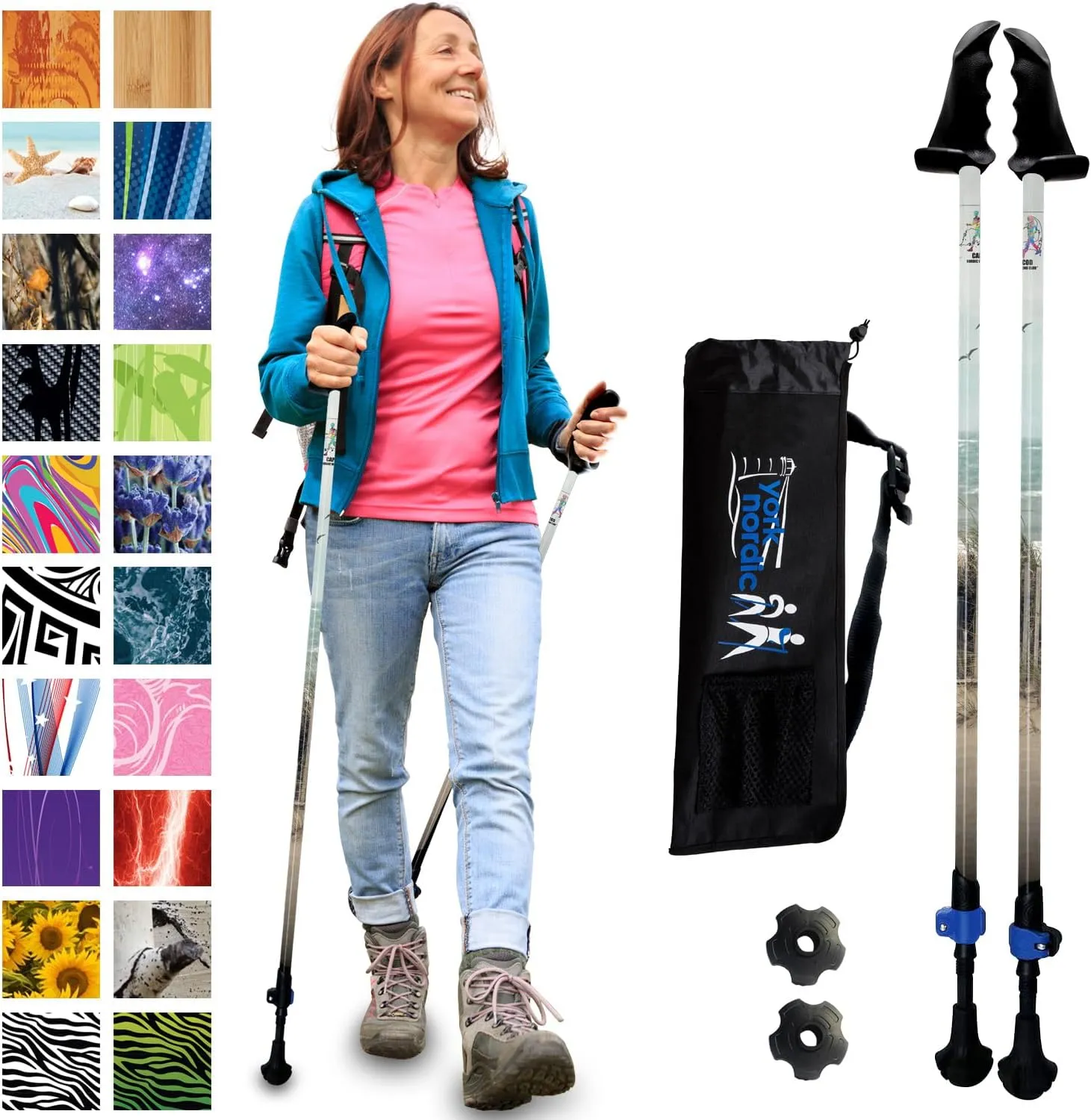 York Nordic Motivator Walking Poles for Balance and Rehab - Patented Stability Grips - Lightweight, Adjustable, and Collapsible - 2 Pieces Adjustable w/flip Locks - Heights 4'6" up to 6'2" - 230 lbs