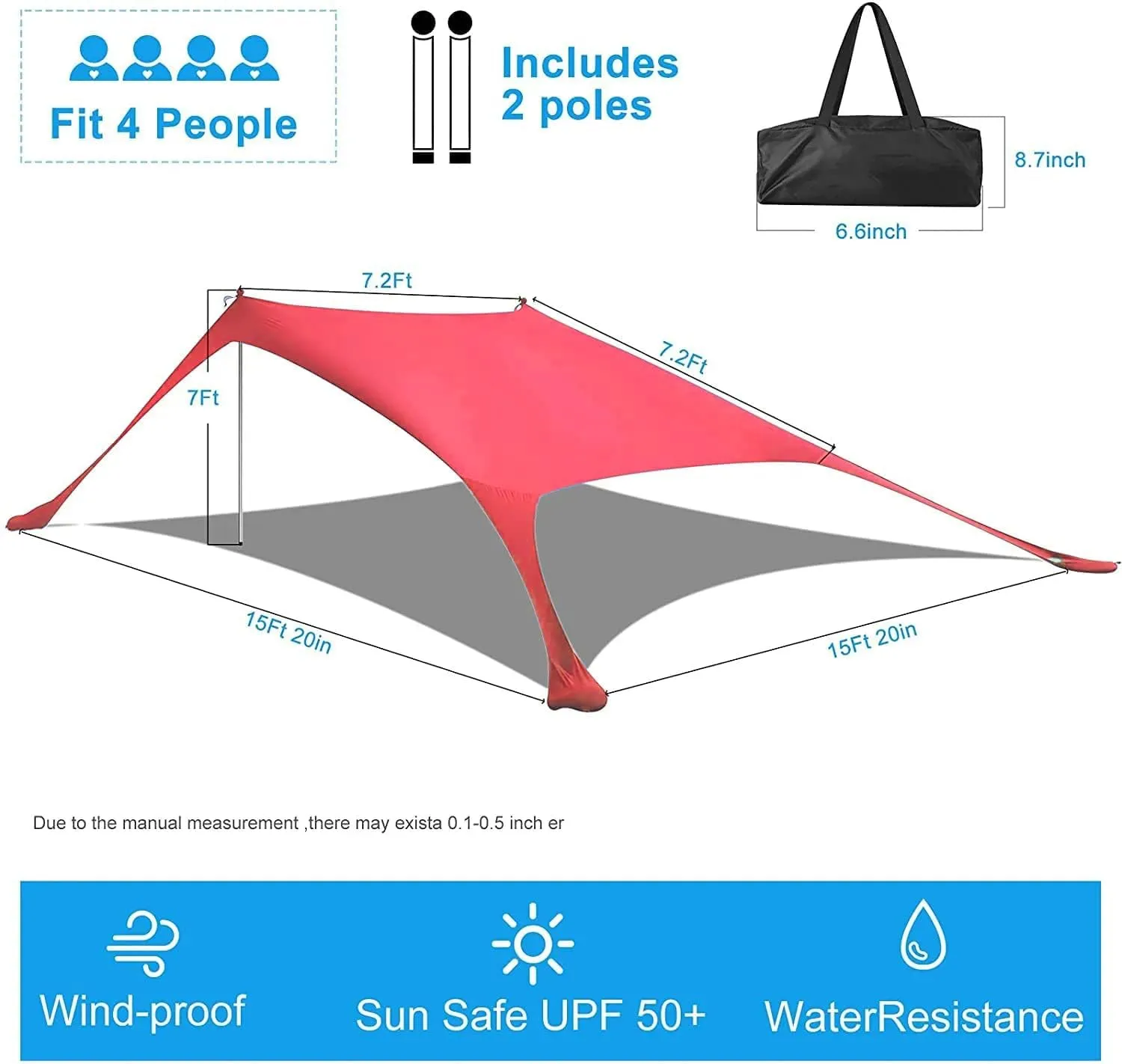 YUEWO Beach Sunshade Tent with UPF 50  UV Protection, Comes with Sandbags, Poles and Ground Spikes and Windproof Ropes, Outdoor Pop-up Tent for Camping, Backyard and Picnic (Red)