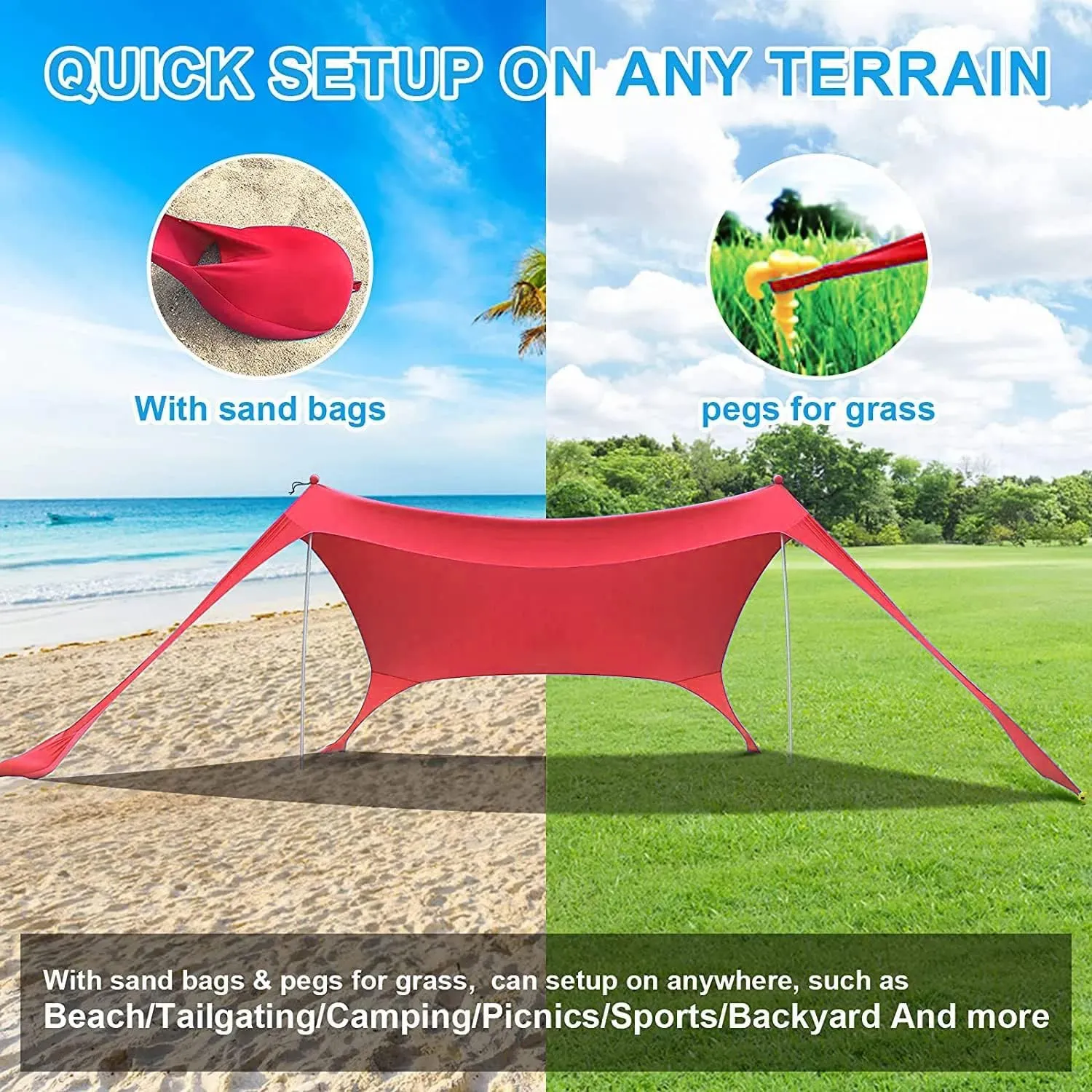 YUEWO Beach Sunshade Tent with UPF 50  UV Protection, Comes with Sandbags, Poles and Ground Spikes and Windproof Ropes, Outdoor Pop-up Tent for Camping, Backyard and Picnic (Red)