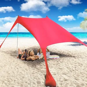 YUEWO Beach Sunshade Tent with UPF 50  UV Protection, Comes with Sandbags, Poles and Ground Spikes and Windproof Ropes, Outdoor Pop-up Tent for Camping, Backyard and Picnic (Red)