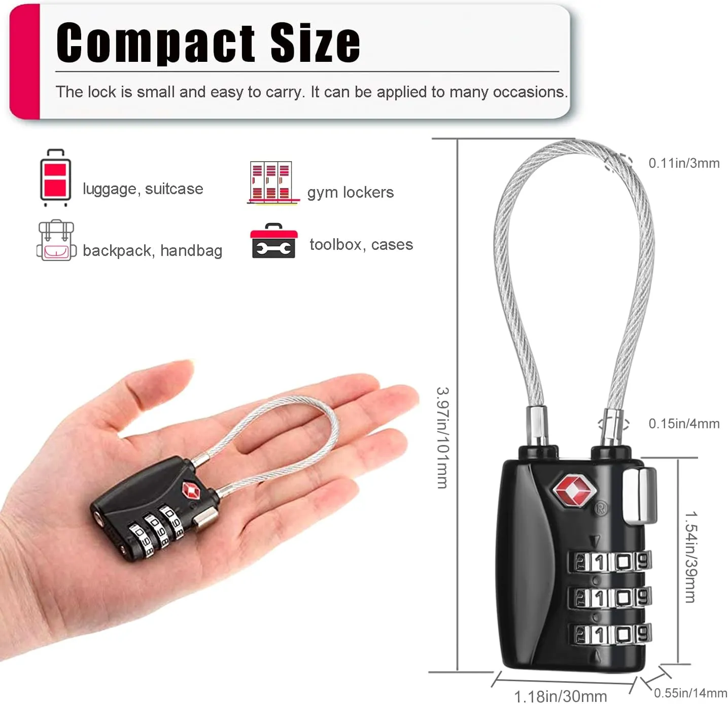 ZHEGE TSA Approved Luggage Locks, 4 Pack, Travel Padlocks, 3 Digit Cable Locks for Baggage, Suitcase, Gym Lockers (Black)