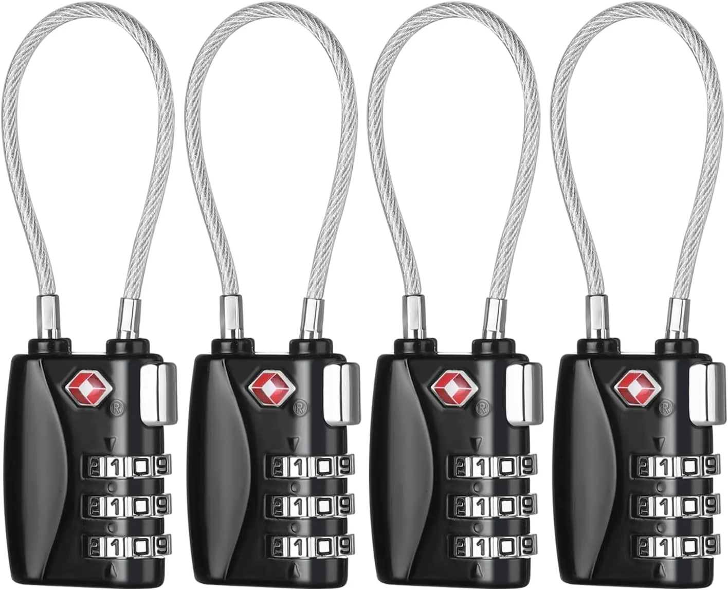 ZHEGE TSA Approved Luggage Locks, 4 Pack, Travel Padlocks, 3 Digit Cable Locks for Baggage, Suitcase, Gym Lockers (Black)