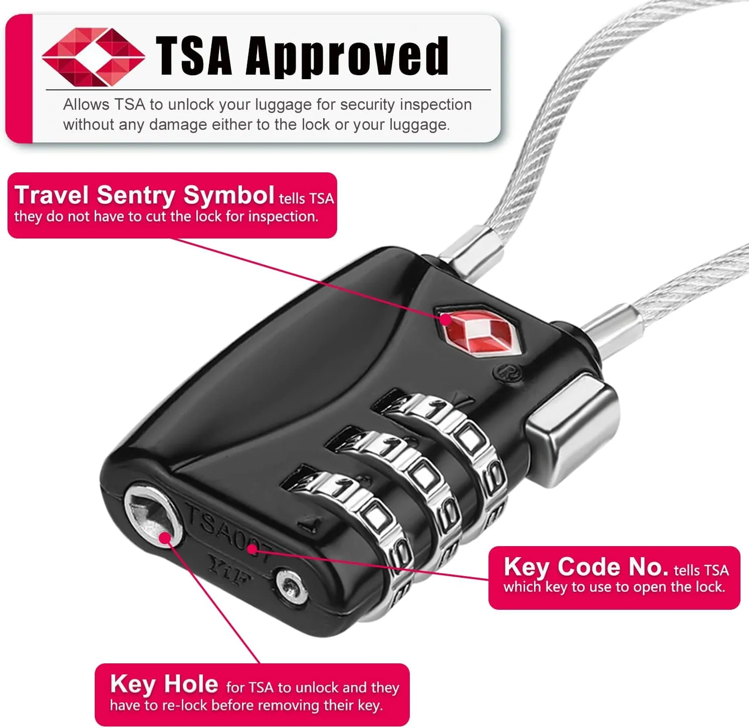 ZHEGE TSA Approved Luggage Locks, 4 Pack, Travel Padlocks, 3 Digit Cable Locks for Baggage, Suitcase, Gym Lockers (Black)