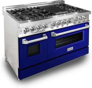 ZLINE 48 in. 6.0 cu. ft. Legacy Dual Fuel Range with 7 Burner Gas Cooktop and 2 Electric Ovens in Stainless Steel and Blue Gloss Doors (RA-BG-48)