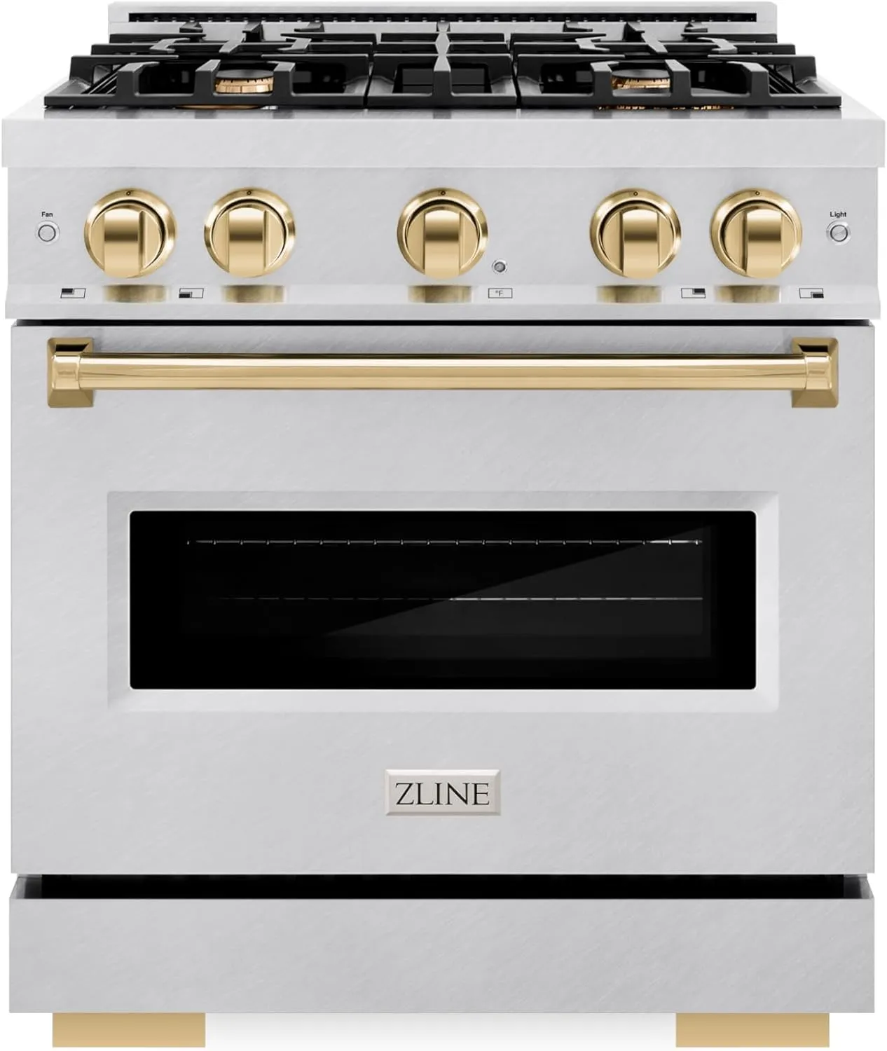 ZLINE Autograph Edition 30 in. 4.2 cu. ft. Classic Gas Range with 4 Burner Cooktop and Convection Gas Oven in Satin Stainless Steel and Polished Gold Accents (CGRSZ-30-G)