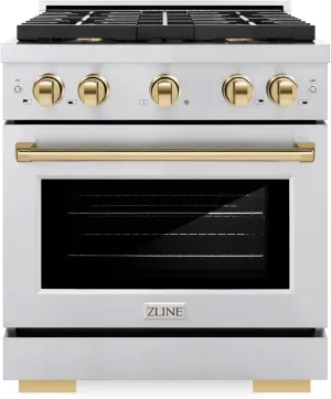 ZLINE Autograph Edition 30 in. 4.2 cu. ft. Paramount Gas Range with 4 Burner Cooktop and Convection Gas Oven in Stainless Steel and Polished Gold Accents (SGRZ-30-G)