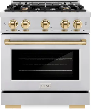 ZLINE Autograph Edition 30 in. 4.2 cu. ft. Select Dual Fuel Range with 4 Burner Gas Cooktop and Electric Convection Oven in Stainless Steel with Polished Gold Accents (HDRZ-30-G)