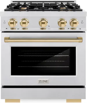 ZLINE Autograph Edition 30 in. 4.2 cu. ft. Select Gas Range with 4 Burner Cooktop and Convection Gas Oven in Satin Stainless Steel and Polished Gold Accents (HGRSZ-30-G)