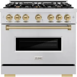 ZLINE Autograph Edition 36 in. 5.2 cu. ft. Classic Dual Fuel Range with 6 Burner Gas Cooktop and Electric Convection Oven in Stainless Steel with Champagne Bronze Accents (CDRZ-36-CB)