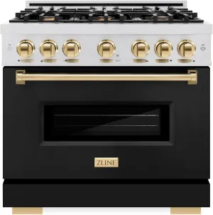 ZLINE Autograph Edition 36 in. 5.2 cu. ft. Classic Gas Range with 6 Burner Cooktop and Convection Gas Oven in Satin Stainless Steel with Black Matte Door and Polished Gold Accents (CGRSZ-BLM-36-G)