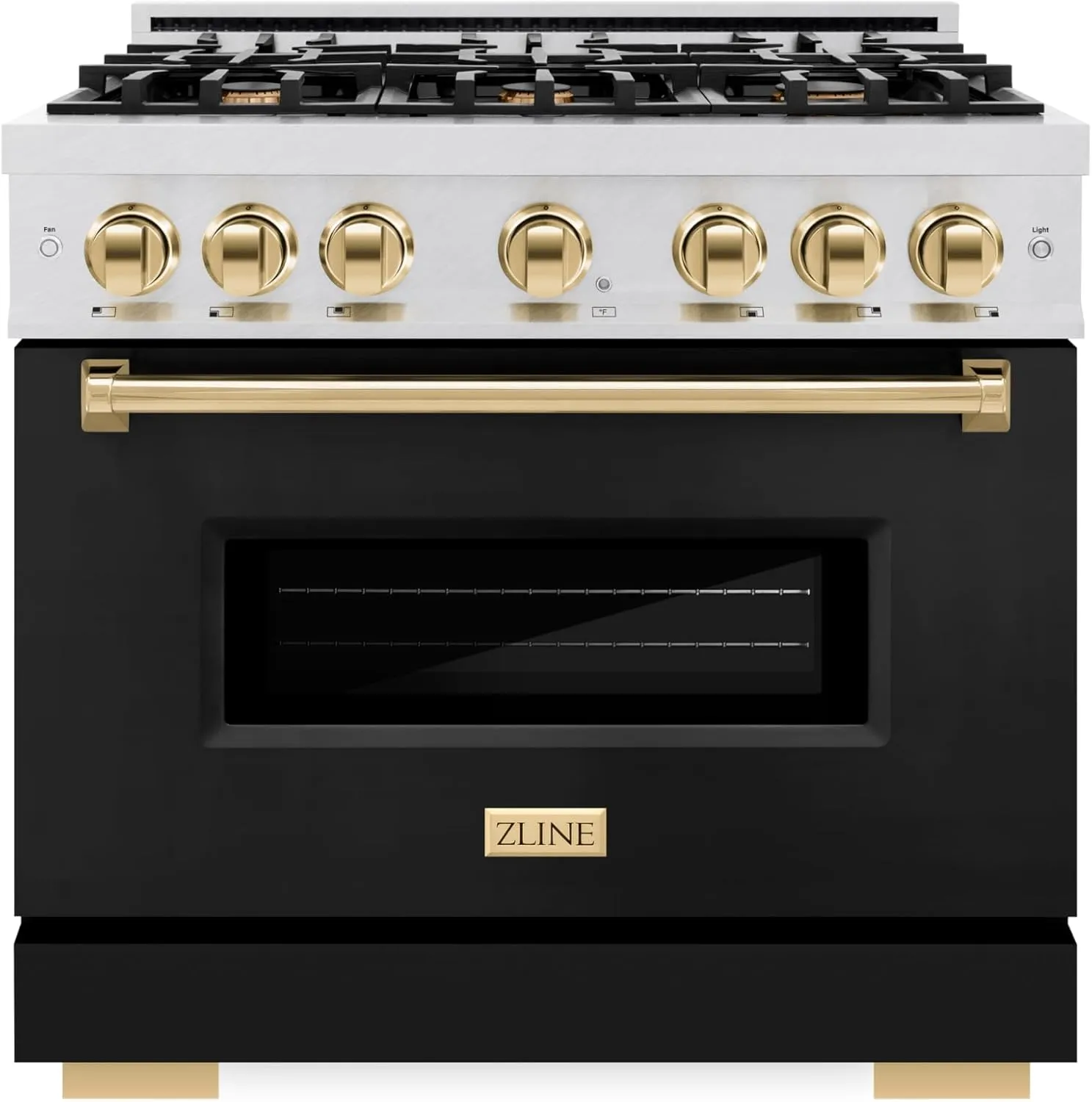 ZLINE Autograph Edition 36 in. 5.2 cu. ft. Classic Gas Range with 6 Burner Cooktop and Convection Gas Oven in Satin Stainless Steel with Black Matte Door and Polished Gold Accents (CGRSZ-BLM-36-G)