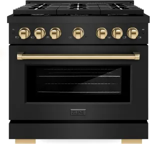 ZLINE Autograph Edition 36 in. 5.2 cu. ft. Paramount Gas Range with 6 Burner Cooktop and Convection Gas Oven in Black Stainless Steel and Polished Gold Accents (SGRBZ-36-G)