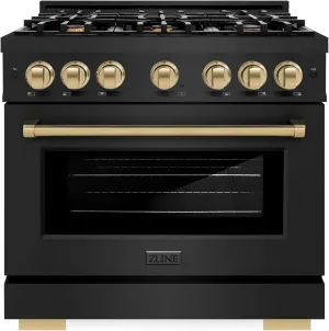 ZLINE Autograph Edition 36 in. 5.2 cu. ft. Select Dual Fuel Range with 6 Burner Gas Cooktop and Electric Convection Oven in Black Stainless Steel with Champagne Bronze Accents (HDRBZ-36-CB)