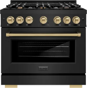 ZLINE Autograph Edition 36 in. 5.2 cu. ft. Select Gas Range with 6 Burner Cooktop and Convection Gas Oven in Black Stainless Steel and Champagne Bronze Accents (HGRBZ-36-CB)