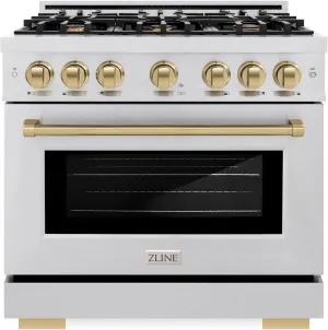 ZLINE Autograph Edition 36 in. 5.2 cu. ft. Select Gas Range with 6 Burner Cooktop and Convection Gas Oven in Satin Stainless Steel and Champagne Bronze Accents (HGRSZ-36-CB)
