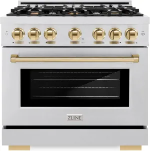 ZLINE Autograph Edition 36 in. 5.2 cu. ft. Select Gas Range with 6 Burner Cooktop and Convection Gas Oven in Satin Stainless Steel and Polished Gold Accents (HGRSZ-36-G)
