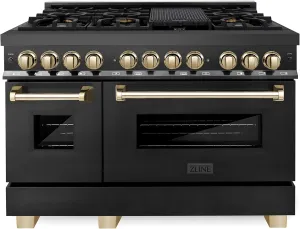 ZLINE Autograph Edition 48 in. 6.0 cu. ft. Legacy Dual Fuel Range with 7 Burner Gas Cooktop and 2 Electric Ovens in Black Stainless Steel and Polished Gold Accents (RABZ-48-G)