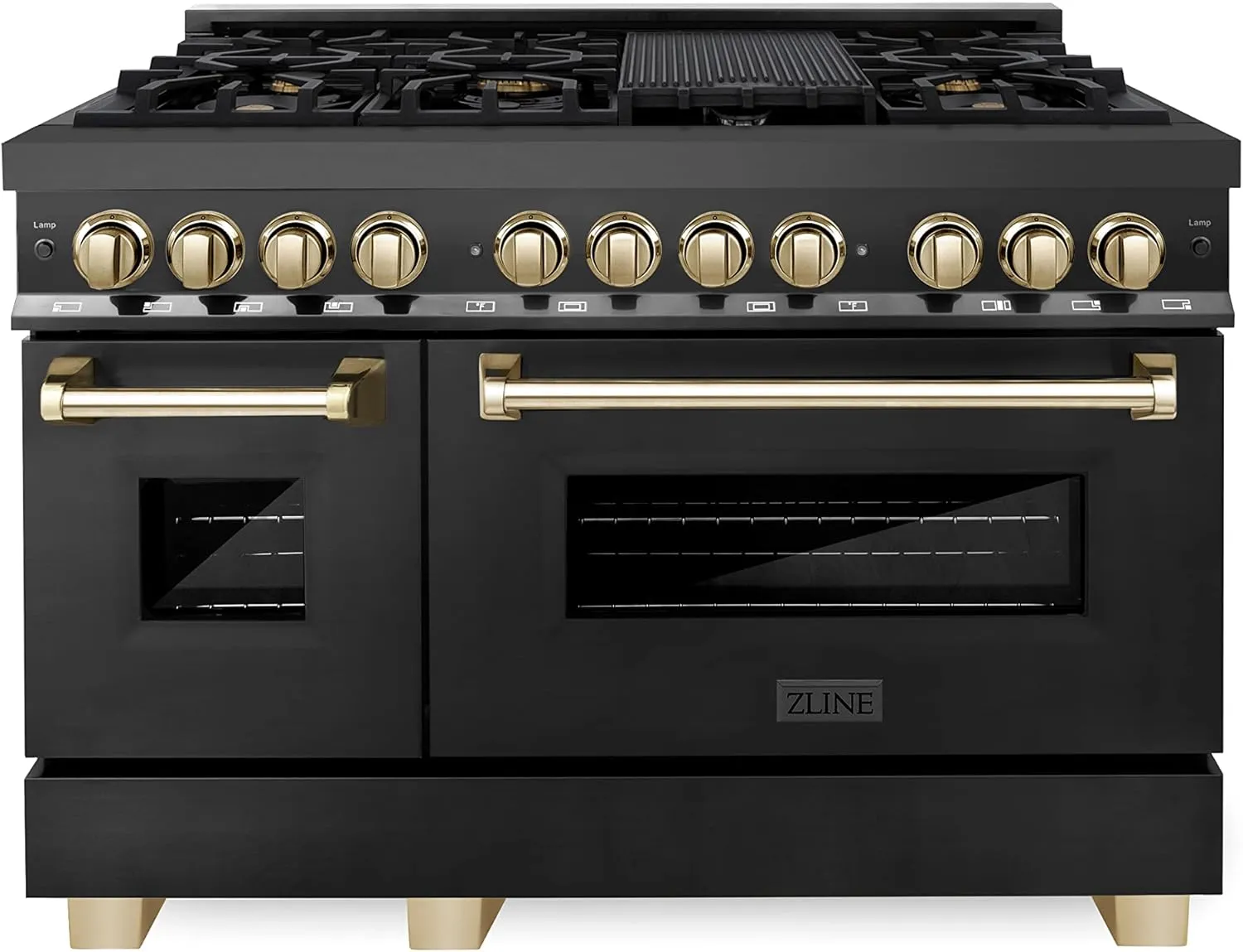 ZLINE Autograph Edition 48 in. 6.0 cu. ft. Legacy Dual Fuel Range with 7 Burner Gas Cooktop and 2 Electric Ovens in Black Stainless Steel and Polished Gold Accents (RABZ-48-G)