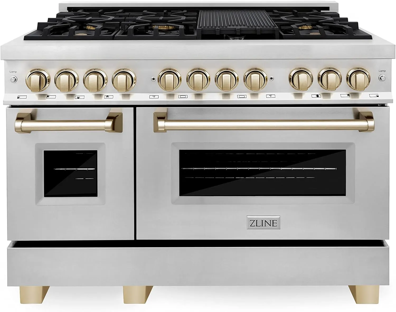 ZLINE Autograph Edition 48 in. 6.0 cu. ft. Legacy Dual Fuel Range with 7 Burner Gas Cooktop and 2 Electric Ovens in Stainless Steel and Polished Gold Accents (RAZ-48-G)