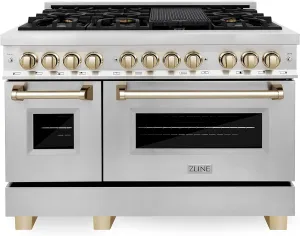 ZLINE Autograph Edition 48 in. 6.0 cu. ft. Legacy Dual Fuel Range with 7 Burner Gas Cooktop and 2 Electric Ovens in Stainless Steel and Polished Gold Accents (RAZ-48-G)