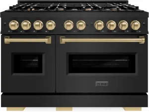 ZLINE Autograph Edition 48 in. 6.7 cu. ft. Classic Double Oven Gas Range with 8 Burner Cooktop in Black Stainless Steel and Champagne Bronze Accents (CGRBZ-48-CB)