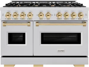 ZLINE Autograph Edition 48 in. 6.7 cu. ft. Classic Double Oven Gas Range with 8 Burner Cooktop in Stainless Steel and Polished Gold Accents (CGRZ-48-G)
