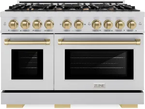 ZLINE Autograph Edition 48 in. 6.7 cu. ft. Select Double Oven Dual Fuel Range with 8 Burner Gas Cooktop in Stainless Steel and Champagne Bronze Accents (HDRZ-48-CB)