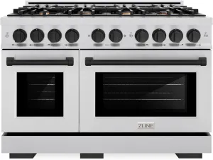 ZLINE Autograph Edition 48 in. 6.7 cu. ft. Select Double Oven Gas Range with 8 Burner Cooktop in Stainless Steel and Matte Black Accents (HGRZ-48-MB)