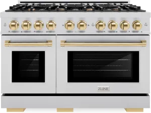 ZLINE Autograph Edition 48 in. 6.7 cu. ft. Select Double Oven Gas Range with 8 Burner Cooktop in Stainless Steel and Polished Gold Accents (HGRZ-48-G)